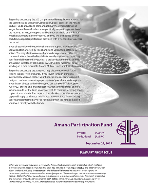 Amana Participation Fund Summary Prospectus September 27, 2019