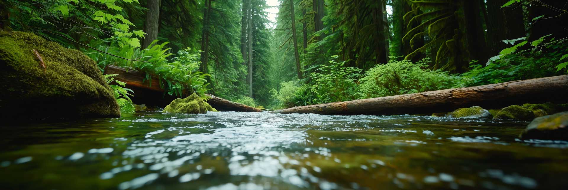 Clear stream flowing through a mossy old-growth forest