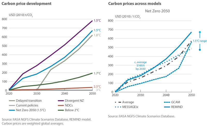 Carbon Price Development and Carbon Prices Across Models from NGFS Climate Scenarios Database