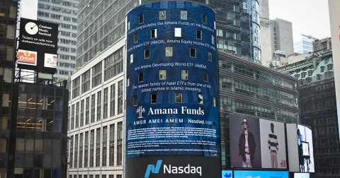 Nasdaq Tower in Times Square with Amana ETFs launch announcement
