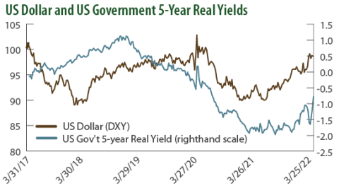 US Dollar and US Government 5-Year Real Yields