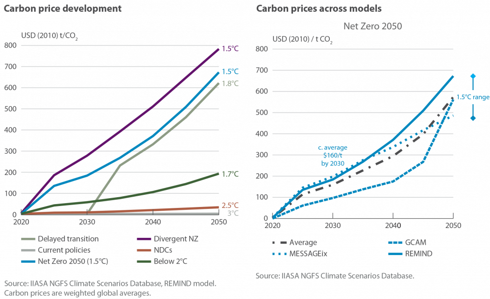 Carbon Price Development and Carbon Prices Across Models from NGFS Climate Scenarios Database