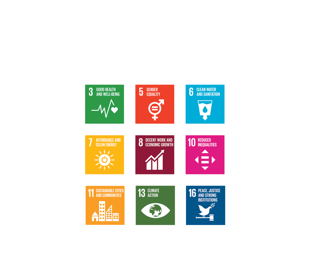 Tiles for SDGs 3, 5, 6, 7, 8, 10, 11, 13, and 16