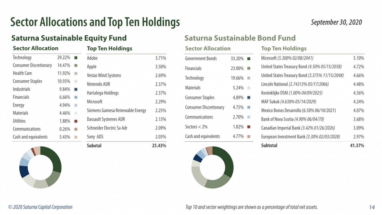Top Ten Holdings and Sectors of Sustainable Equity and Bonds Funds