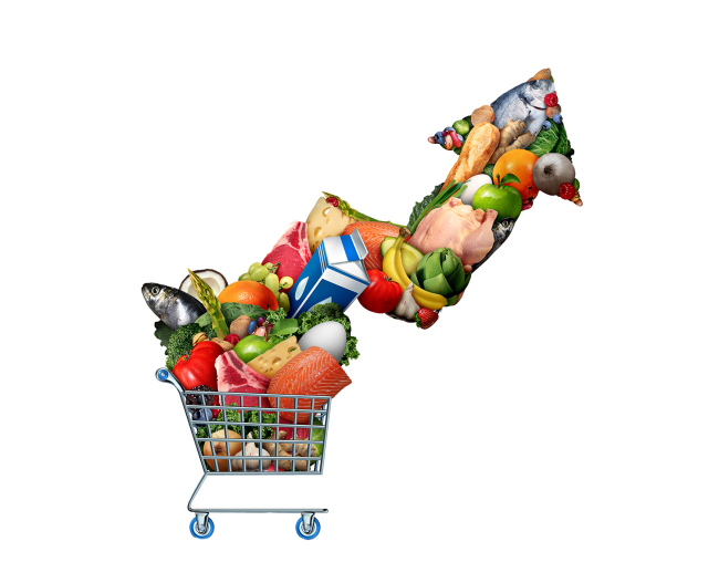 A grocery cart with an arrow full of groceries shooting out of it