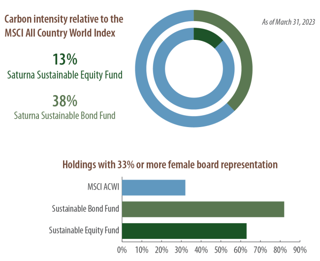 Carbon intensity relative to the MSCI ACWI and Holdings with 33% or more female board representation